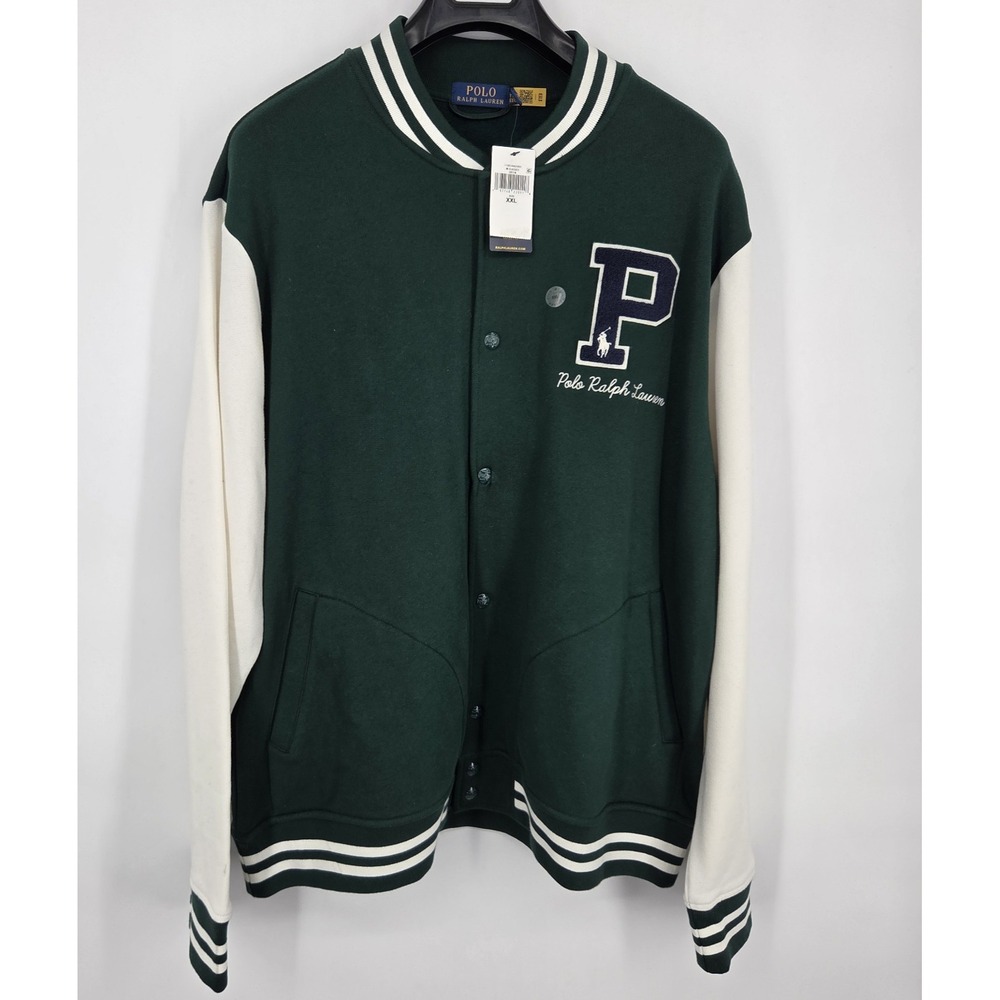 NEW Polo Ralph Lauren Fleece Letterman Jacket Mens XXL Green Varsity Patch NWT